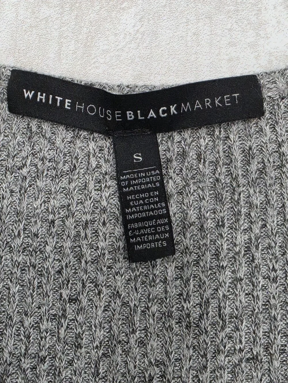 WHITE HOUSE BLACK MARKET Gray Ribbed V-Neck Sweater with Tiered Ruffle Sleeves